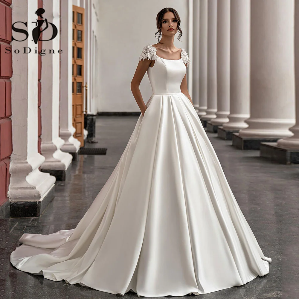 SoDigne Satin Wedding Dress For Women Elegant Cap Sleeves Scoop Neck Flowers Women A-Line Bridal Gown With Pockets Customized