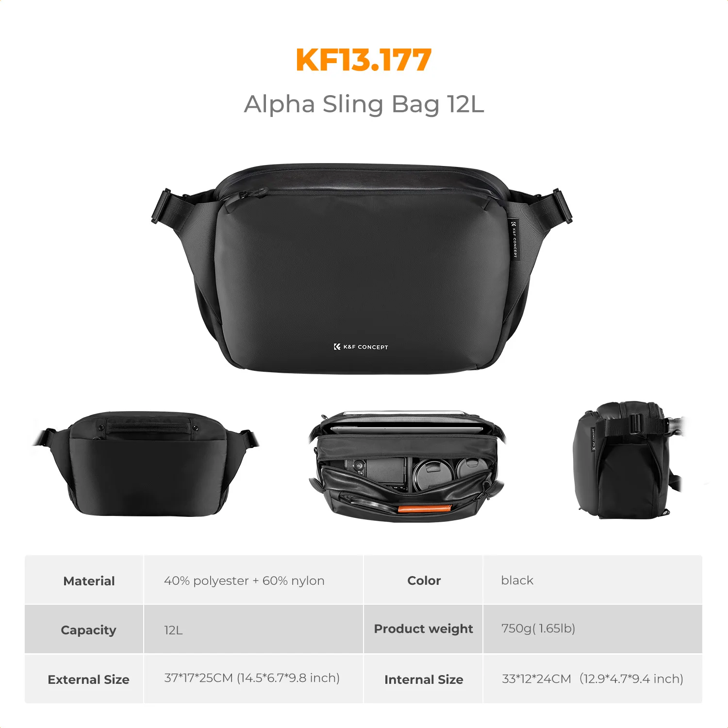 K&F CONCEPT 12L/10L 카메라 슬링백 방수 여행 사진 촬영용 숄더백 (캐논, 소니 DSLR 카메라 케이스, 삼각대 홀더 포함) 썸네일 3