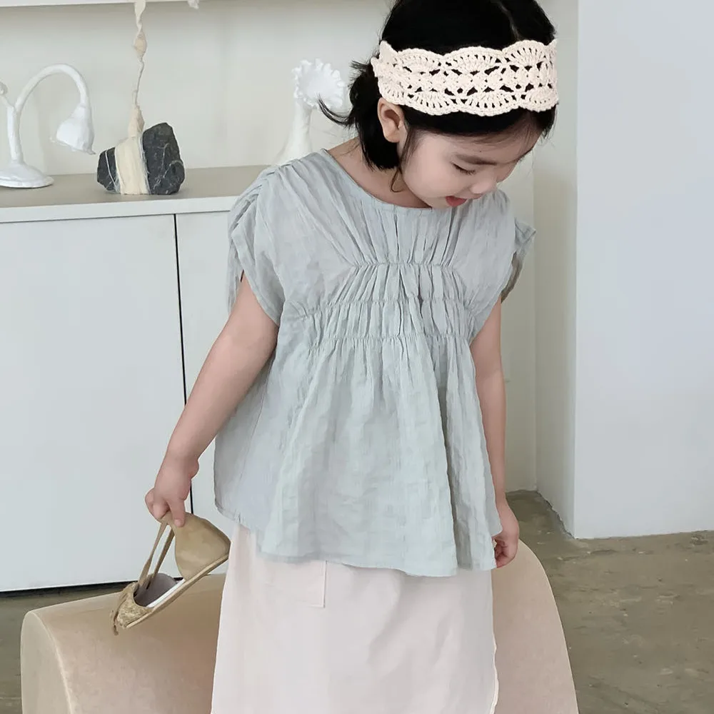 Girls Short Sleeve Korean Style 2024 Summer New Solid Color Doll Shirt Tank Top Ruffle Loose Fashion Summer Children T Shirts