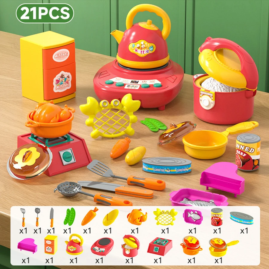 أطقم إكسسوارات المطبخ للأطفال محاكاة تأثير الصوت لعب الأدوار لعبة طفل مجموعة أواني الطبخ، قطع أطباق الطعام هدية