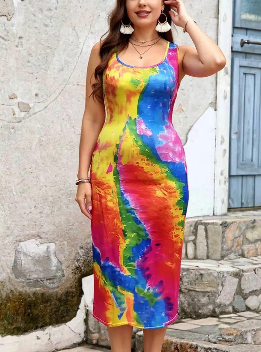 

Plus Size Women's Dress Sleeveless U Neck Tie Dye Print Bodycon Midi Dress Casual 2026 Spring Summer Chic Daily Stretchy Dress