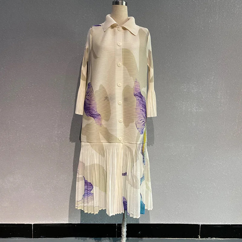 Miyake-cárdigan con botonadura plisada para mujer, vestido largo medio con solapa estampada y mangas de brotes de flores, primavera 2024