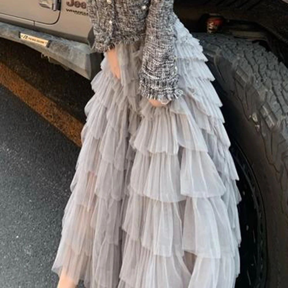 

Mesh fairy skirt female autumn new fashionable versatile high waist medium and long multi-layer cake skirt