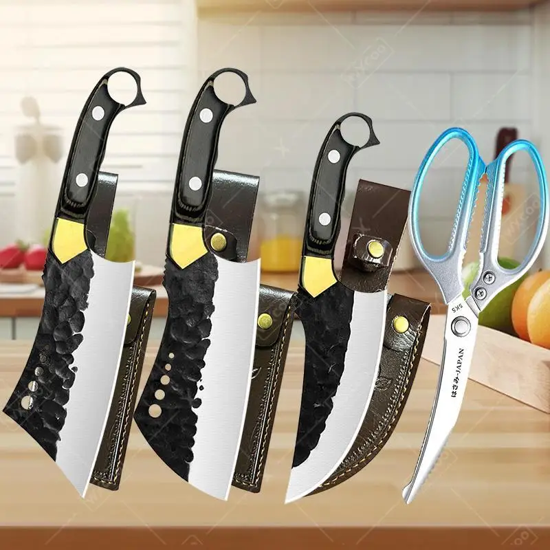 Handgeschmiedetes Küchenmesser-Set, Kochmesser aus Edelstahl mit Scheide, Fleischschneidemesser, perfekt für Grill- und Kochschere
