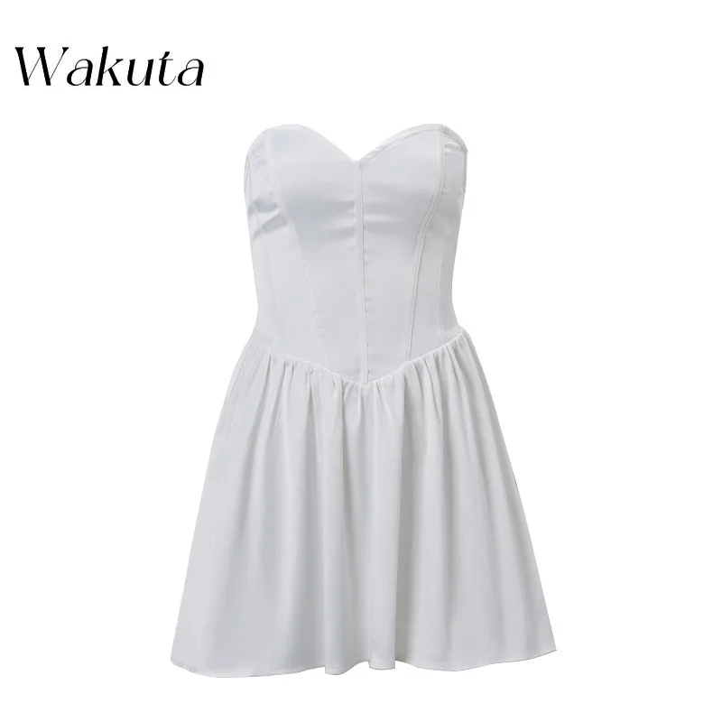 Wakuta-francês Retro Strapless Off Shoulder Satin Vestidos, Sexy Backless Correias, A linha de Volta ao Vestido Escola