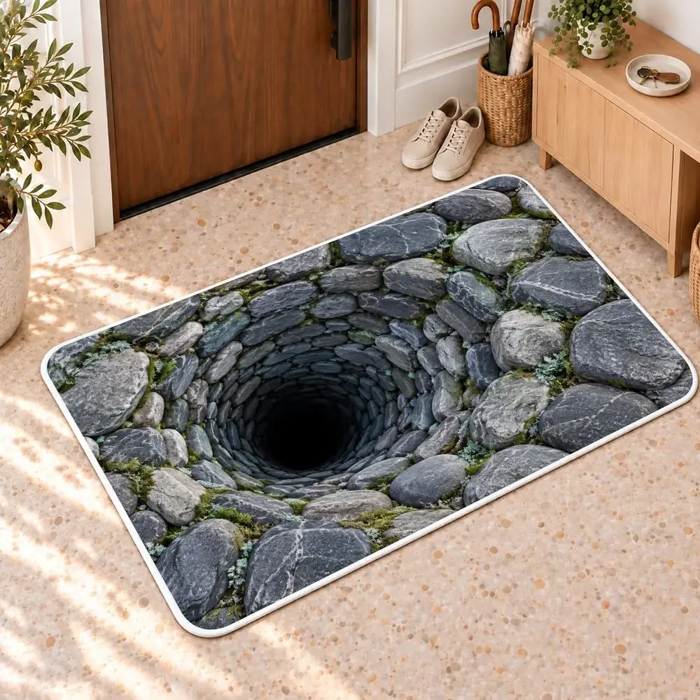 3D Illusion Cave Deep Tunnel Perspective Floor Mat Flannel Rug Soft Non Slip Door Mat for Bathroom Bedroom Entryway Home Decor