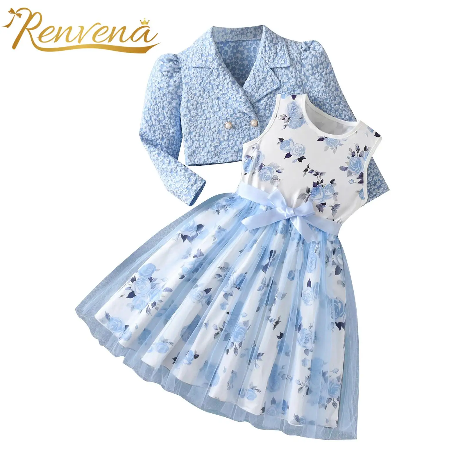 

Элегантное платье для девочек, праздничный наряд, тюлевое платье-майка с принтом роз и кардиганом, детские комплекты для свадьбы, дня рождения, конкурса красоты