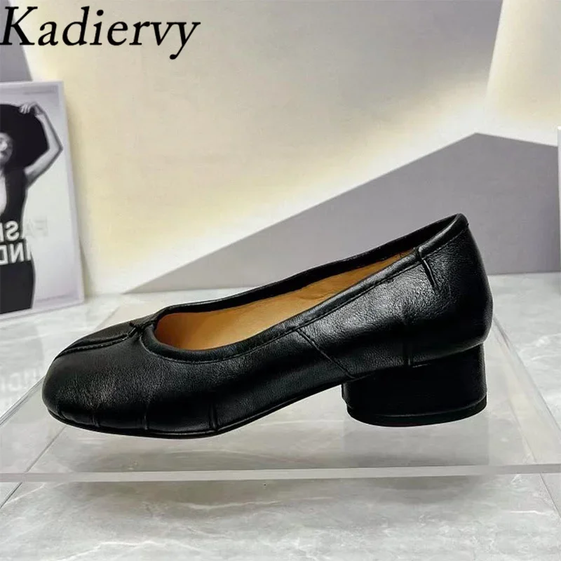 2024 New Split Toe Shoes Woman Round Heels Runway Shoes Pleated Genuine Leather Loafers Woman Comfort Ballet Shoes Women