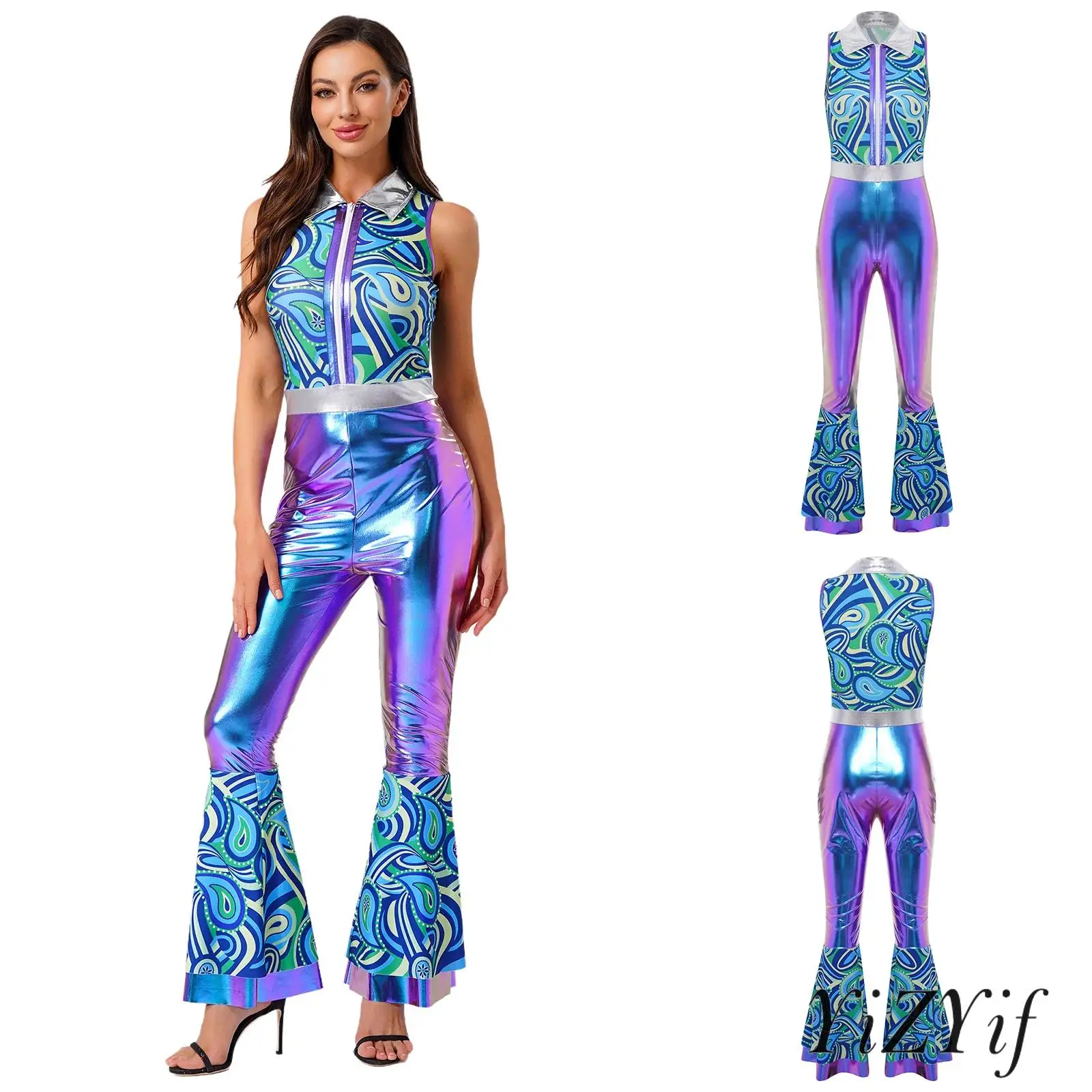 

Женский комбинезон с расклешенными брюками, винтажный костюм в стиле диско-хиппи 80-х годов для рок-джаза, танцевальная одежда, музыкальная тематическая вечерние наряды