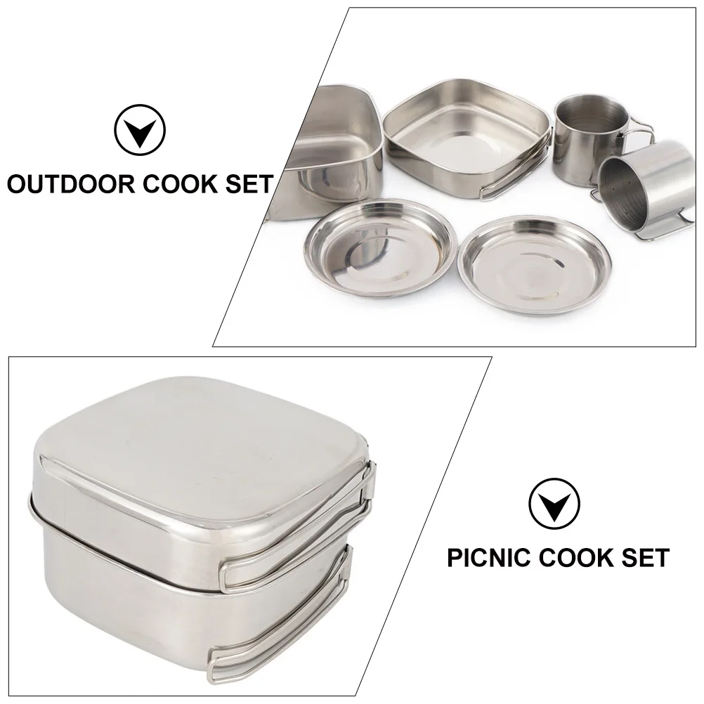 

1 Set Stainless Steel Camping Cookware Portable Backpacking Cooking Set Foldable Pot Pan Plates Cups For Outdoor Travel Silver
