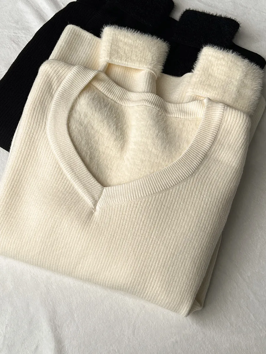 

Thiened Fce Knitted Sweater V-Ne-Piece Cisas New Year Red Sweatirt Autumn Winter Warm Knitwear Women's Top