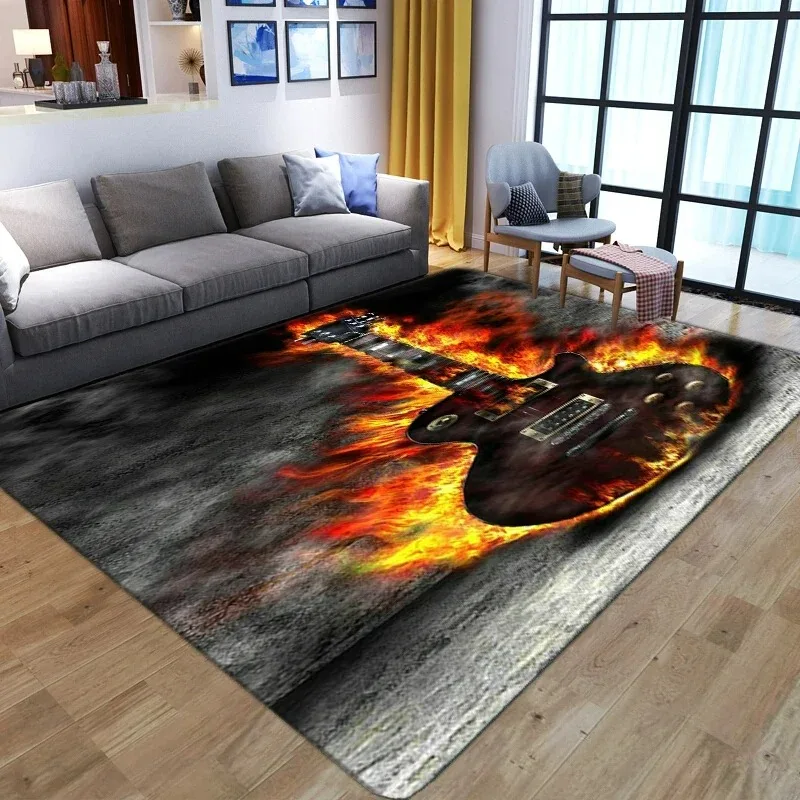 Guitar Pattern Washable Carpet for Living Room Bedroom Playroom Floor Mat Decor Vintage Anti-skid Sofa Coffee Table Rug Doormat