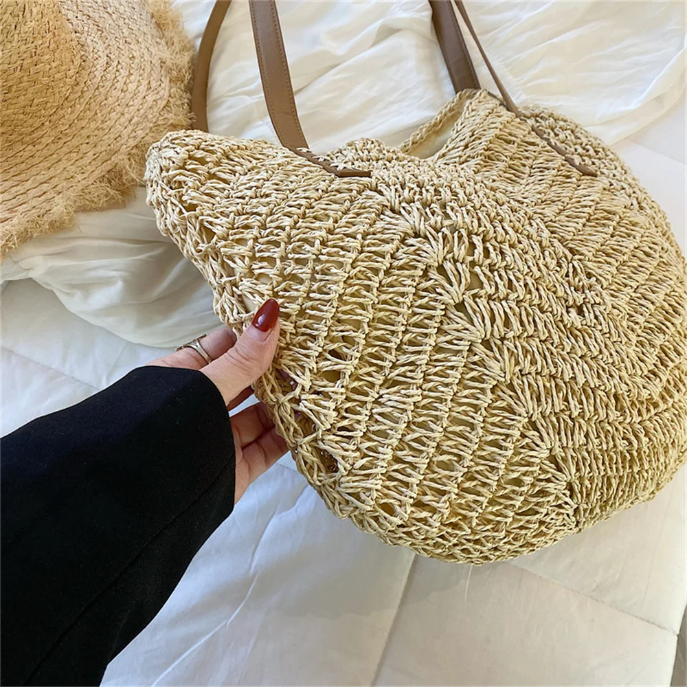 Ame bolsas de ombro de palha em forma de coração para mulheres, bolsa de vime, alça superior, férias, viagem, praia, compras, verão