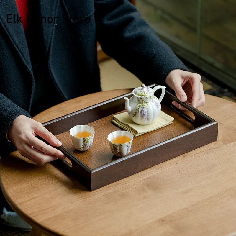 Elegant Chicken Wing Wood Small Lifting Square Service Tray Solid Wood Rectangular Tea Tray Fruit Snack Plate Partitioned Table