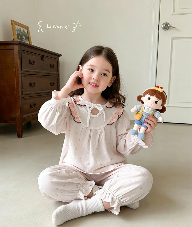 Girls Home Clothes Sweet Set 2026 Spring Autumn New Girls Baby Ruffled Floral Pajama Long Sleeve Two Piece Set view 2