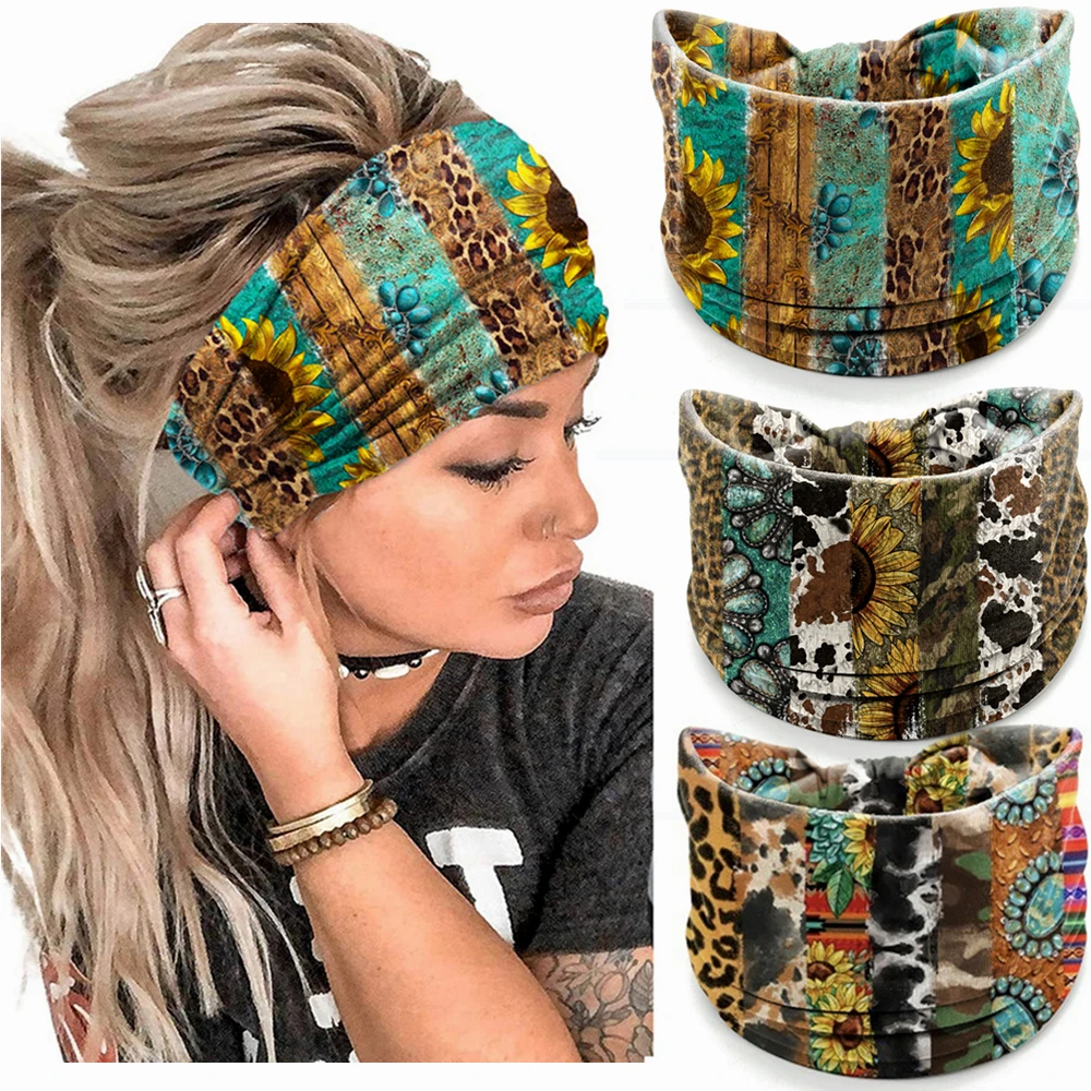 

Boho Headbands Workout Leopard Sunflower Print Stretch Head Bands Wide Turban Headwraps Women Girls Knotted Yoga Hair Bands