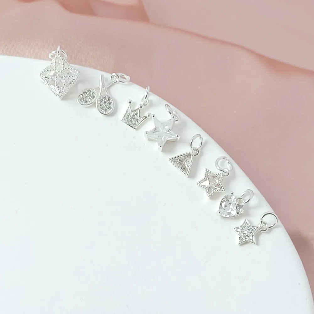 Silver Micro-inlaid Zircon Five-pointed Star Triangular Cherry Heart Square Crown Pendant DIY Handcrafted Pendant
