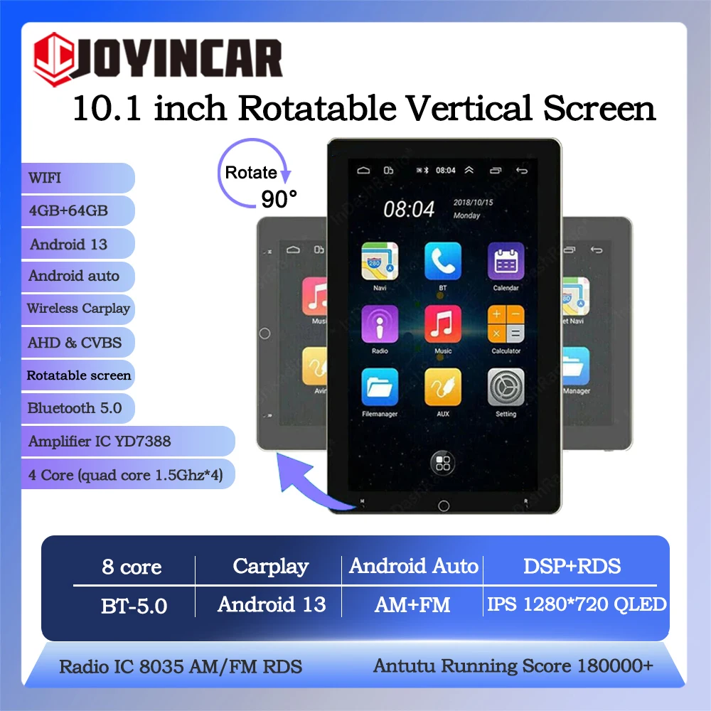 

Автомагнитола Joyincar, 2 Din, 10,1 дюйма, поворотный вертикальный экран, Android 13, RDS, Carplay, мультимедийный MP5 плеер, GPS-навигация, Wi-Fi, BT