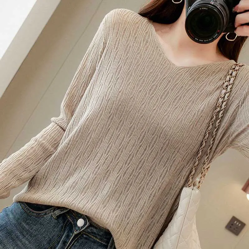 

Fashion V-Neck All-match Solid Color Sweaters Women's Clothing Spring Autumn Loose Knitted Casual Pullovers Commuter Tops