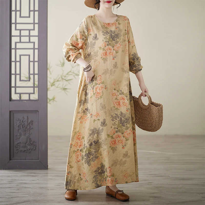 

High-End Anti-Aging Spring Cotton Linen Print round Neck Loose plus Size Long Sleeve Fat MM Extra Large Holiday Dress