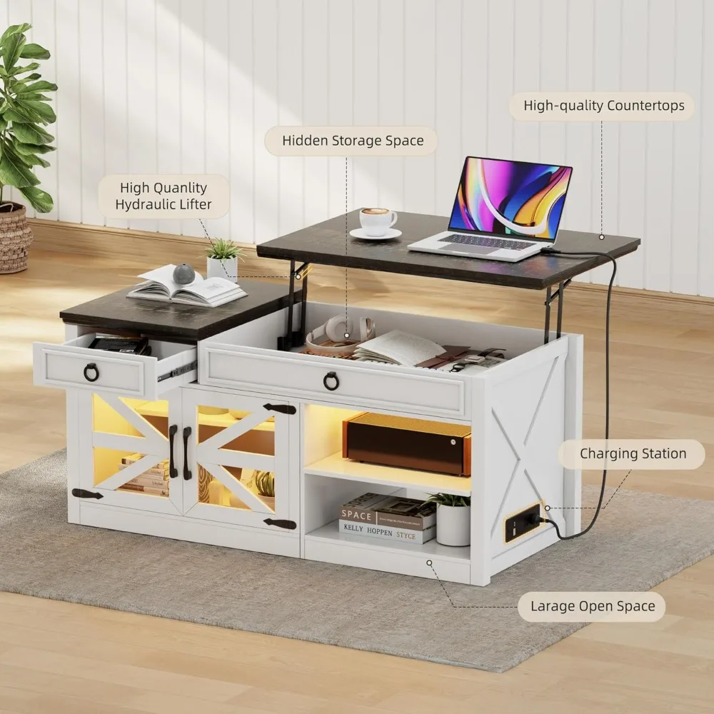 48 Farmhouse Coffee Table with Lifting Top, LED Center Table with Human Sensor Light,Lift Top Coffee Table