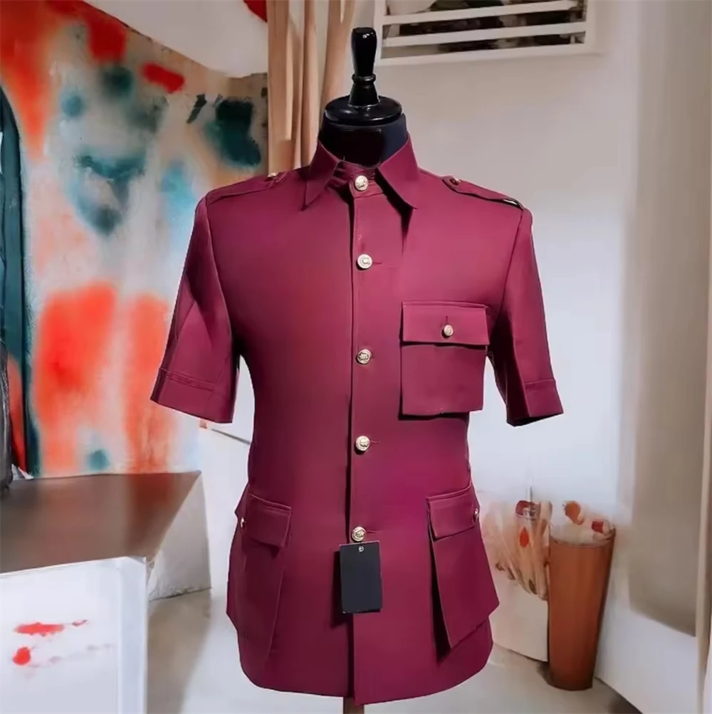 

New Men Suits Summer Regular Length Custom Male 2 Piece Short Sleeves Single Breasted Stand Lapel Clothing (Jacket+Pants)