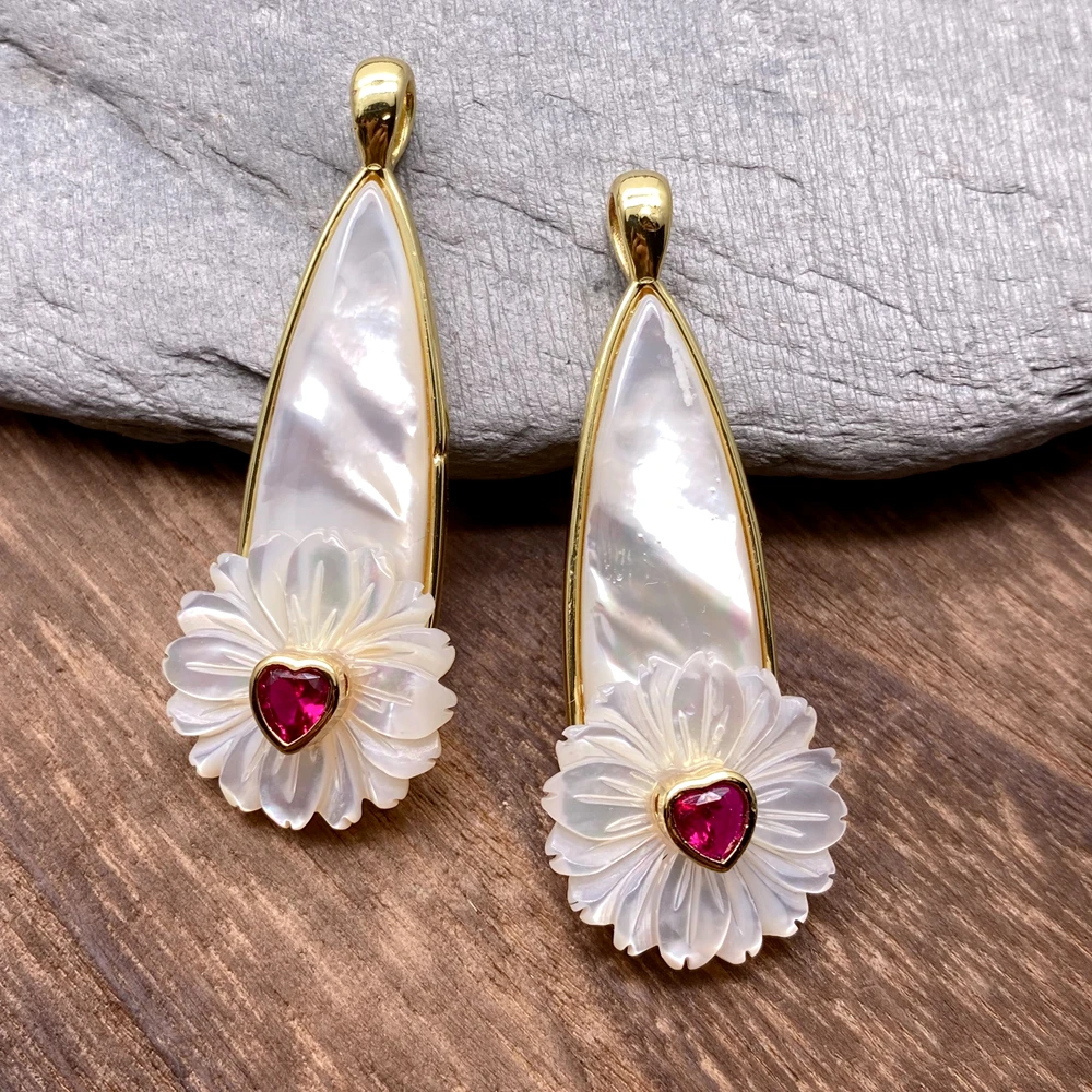 5 Pcs White Sea Shell Red Cz Teardrop Flower Bezel Set Pendant Charm Jewelry Craft