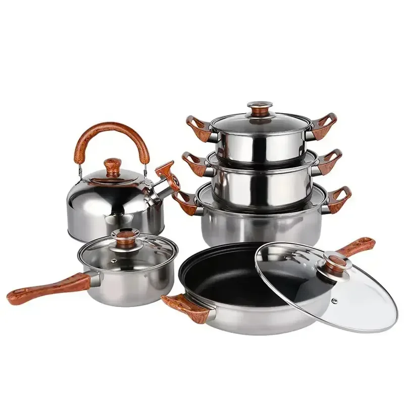 12 pieces stainless steel cookware set, water kettle, milk soup pot, pot set, non stick household kitchen cookware set