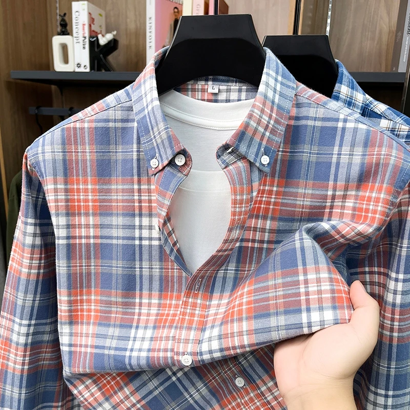Luxury 100% cotton checkered long sleeve shirt men's comfort casual spring autumn high-quality Korean style youth fashion top