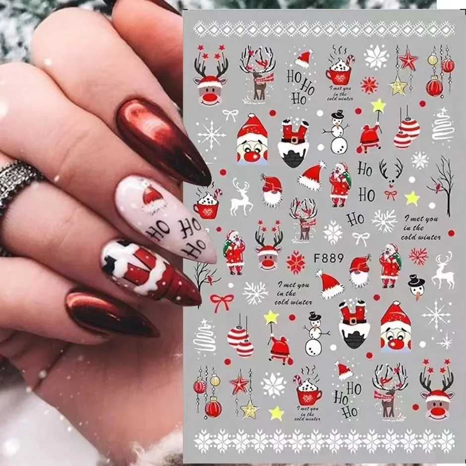 1Pcs 2025 Christmas 3D Nail Art Stickers Santa Claus/Elk/Snowflakes/Snowman Self-Adhesive Decals Xmas/New Year Decor Nail Patch