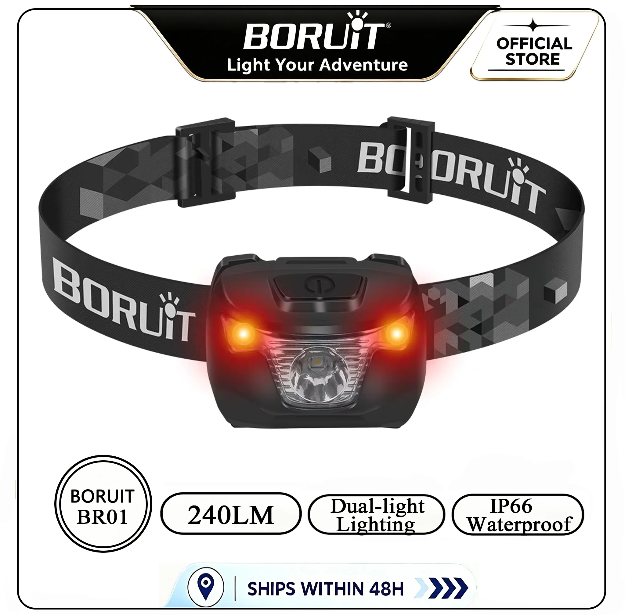 BORUiT BR01 White & Red LED Mini Headlamp 240LM 4-Mode Headlight Waterproof Camping Fishig Torch Powered by AAA Battery