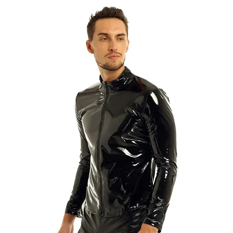 Men Black Shiny Faux Latex PVC Front Zip Open Long Sleeve Stretch Overcoat Male Bodycon Wet Look Leather Top Clubwear New Custom