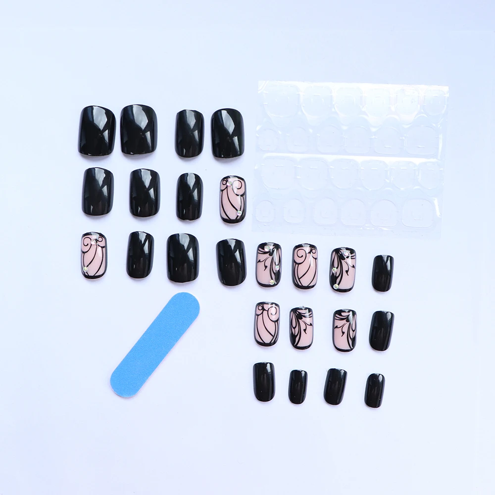 ARTAUG 24PCS Elevate Your Style With Short Square Black Press On Nails Lace Lacework Press On Nails Ballerina Girl Style Nails
