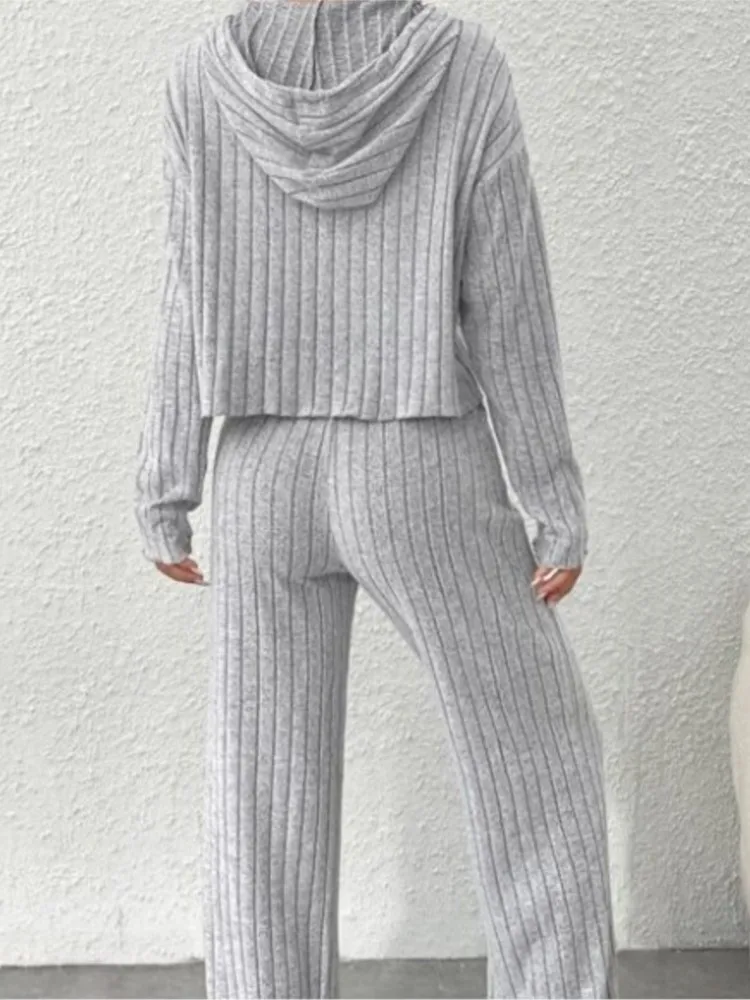 Frühling Herbst frauen Neue Einfarbig Beiläufige Gestrickte Gestreifte Kapuze Sweatshirt Lose Lange Ärmeln Lange Hosen Zwei-stück Set