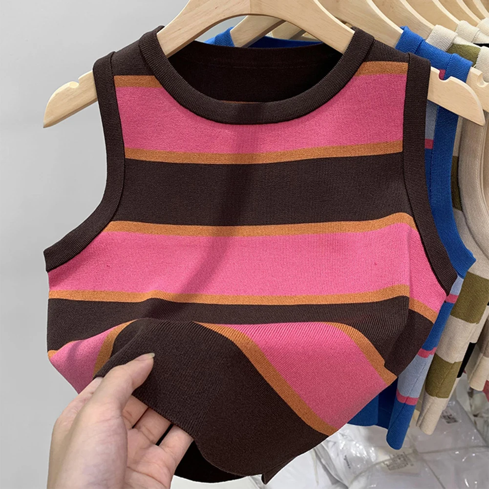 Striped Sleeveless Crop Top for Women Korean Style Knit Vest with Round Neck Tank Suitable for Seasonal Fashion