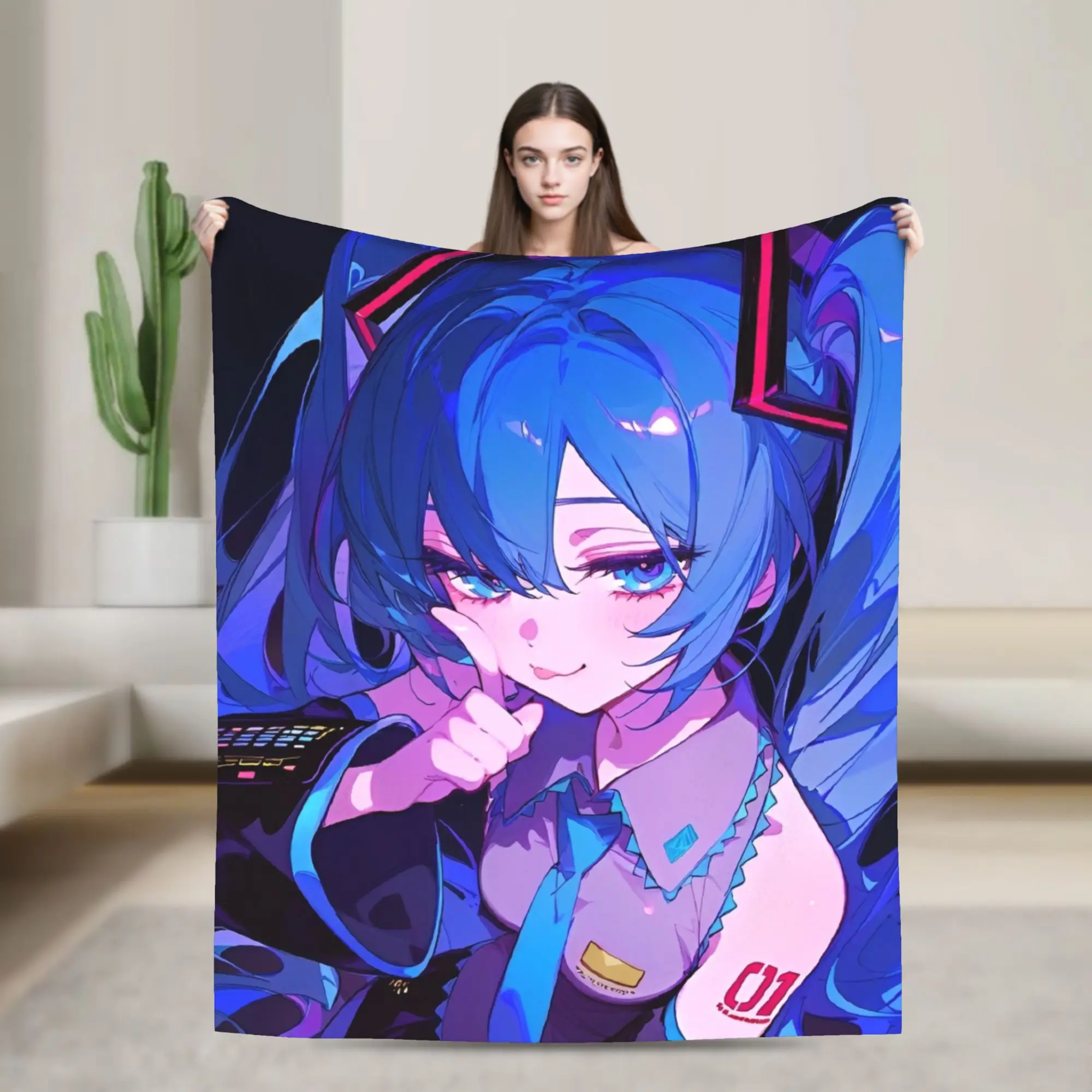 初音ミクのボーカロイドガールフランネルスローブランケットアニメブランケット、家庭用ソファ用超ソフト寝具スロー、