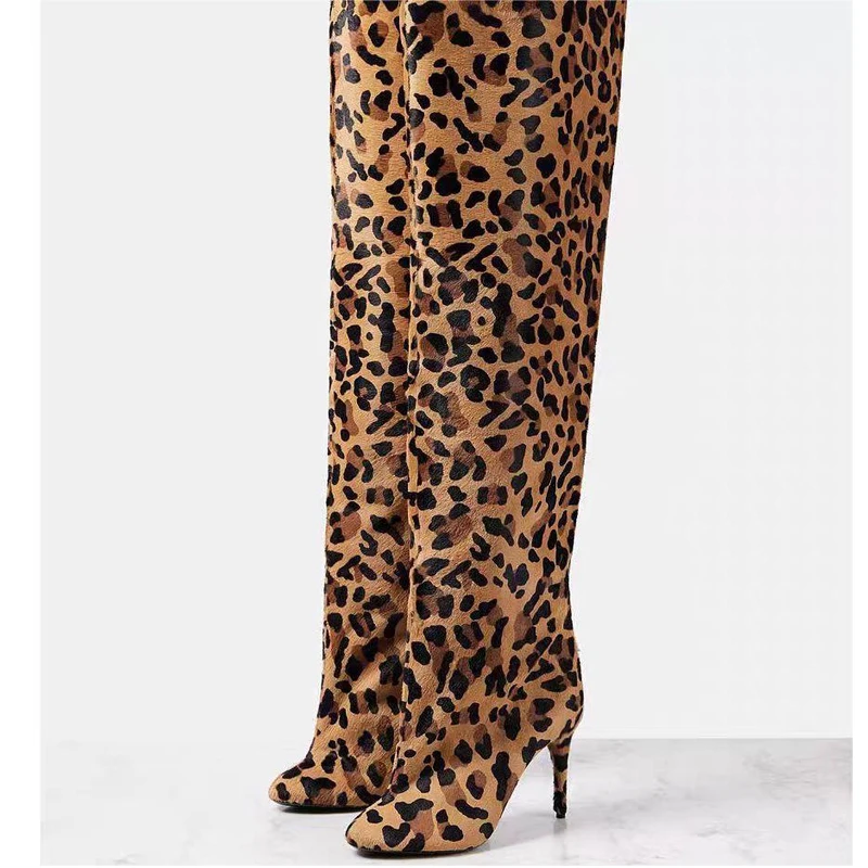 

Leopard Print Round Toe Stilettos Over The Knee Boots Woman Winter 2026 Slip-On High Heels Slim Fashion Party Long Boots