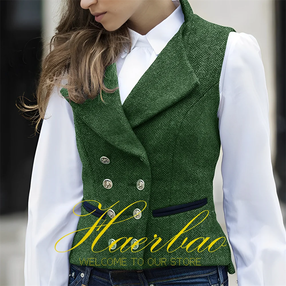 Casual Women\'s Vest Herringbone Double Breasted Vintage Sleeveless Jacket Fashion Lady Waistcoat