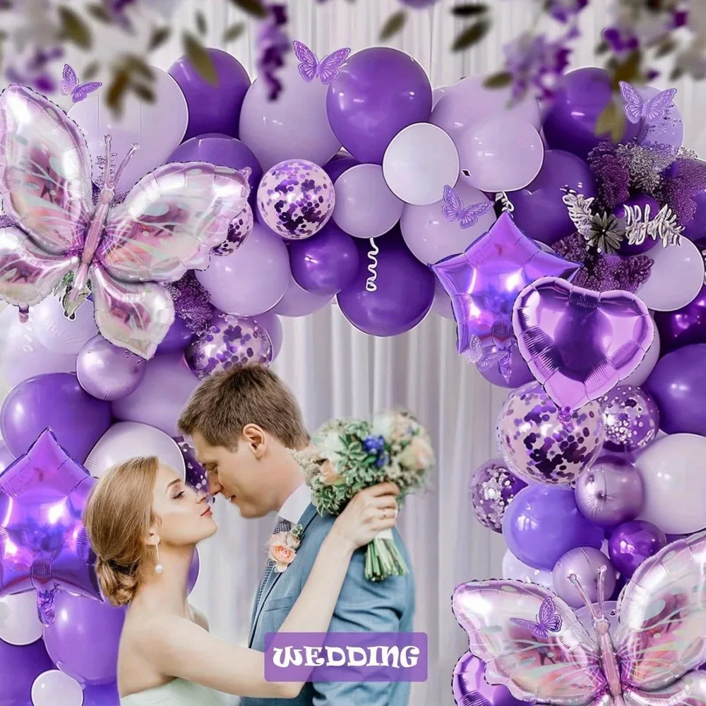 126-częściowy zestaw balonów w kształcie fioletowego motyla zawierający aluminiowe balony w kształcie motyla do dekoracji urodzinowych i ślubnych. — zdjęcie 7