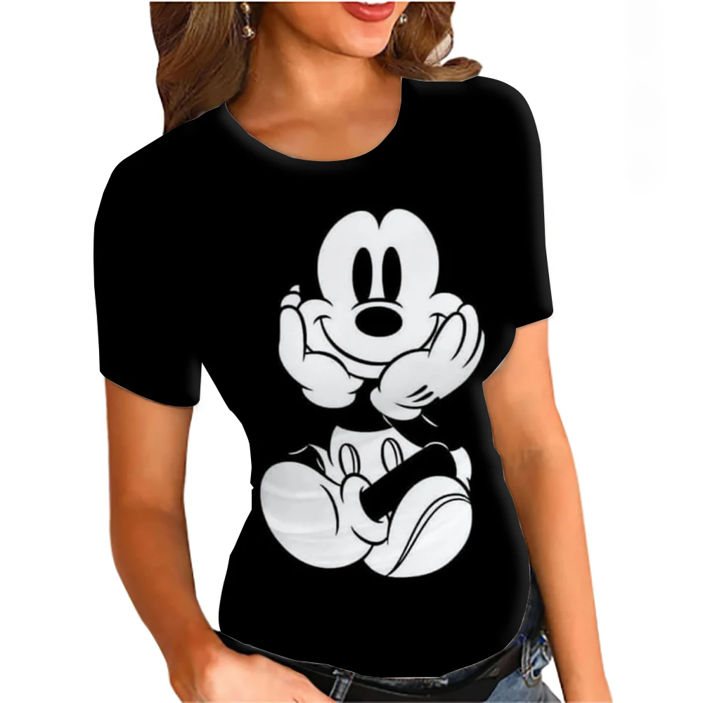 レディース半袖シャツ、ラウンドネックスリムフィットTシャツ、夏カジュアルベーシックカットシャツ、ストリートウェア、ディズニーミッキーマウスプリント