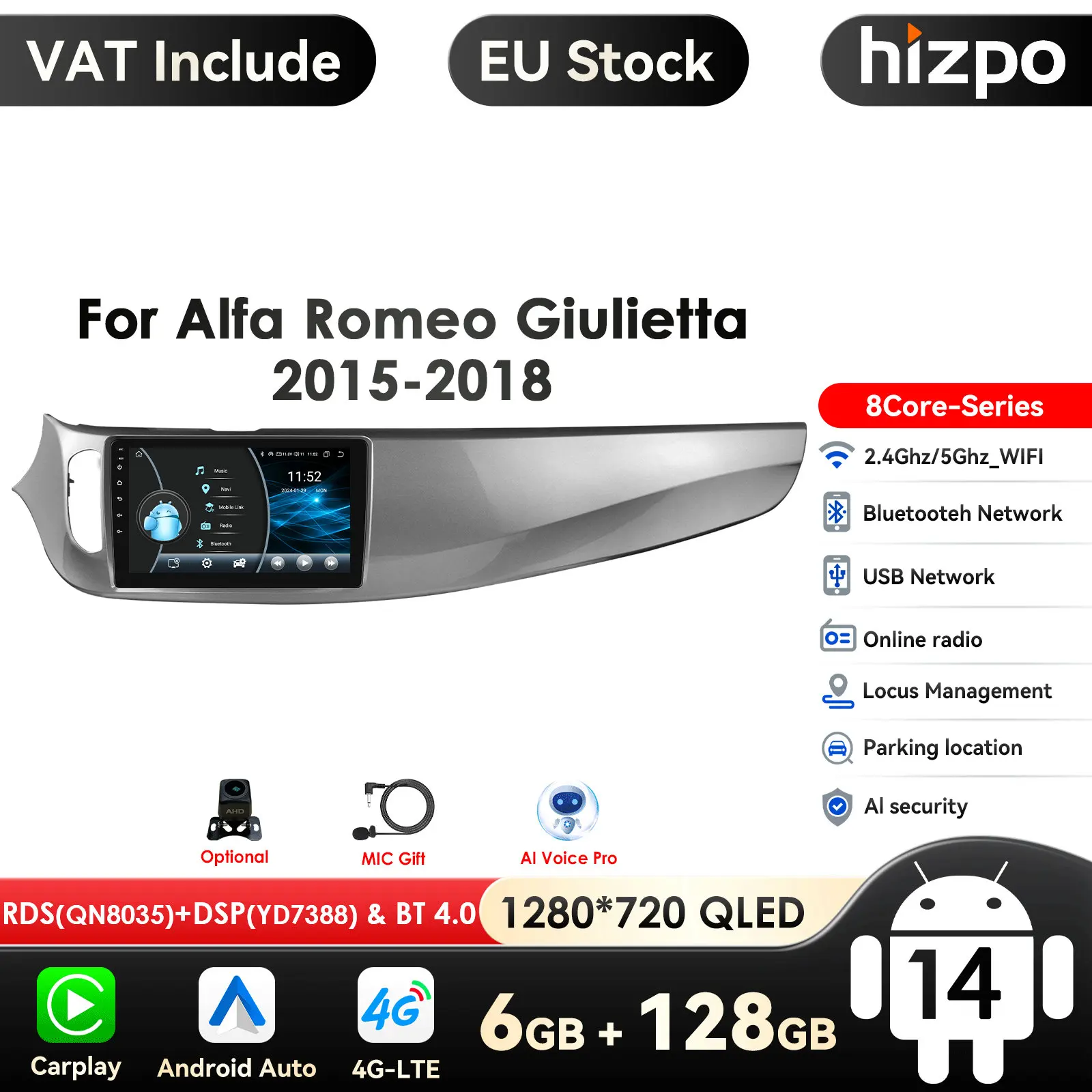 Lettore multimediale autoradio Android 14 per Alfa Romeo Giulietta 2015 - 2018 Unità principale stereo Carplay Schermo Android Auto No 2din