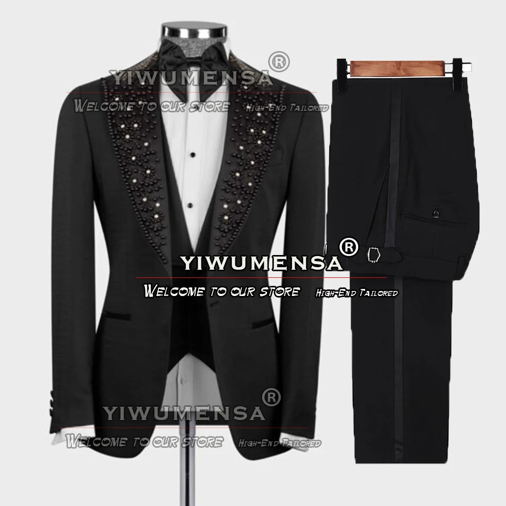 

Luxury Wedding Suits For Men Black Pearls Beaded Hand Sewn Lapel Blazer Vest Pants 3 Pieces Groom Man Tuxedo Custom Made Dress