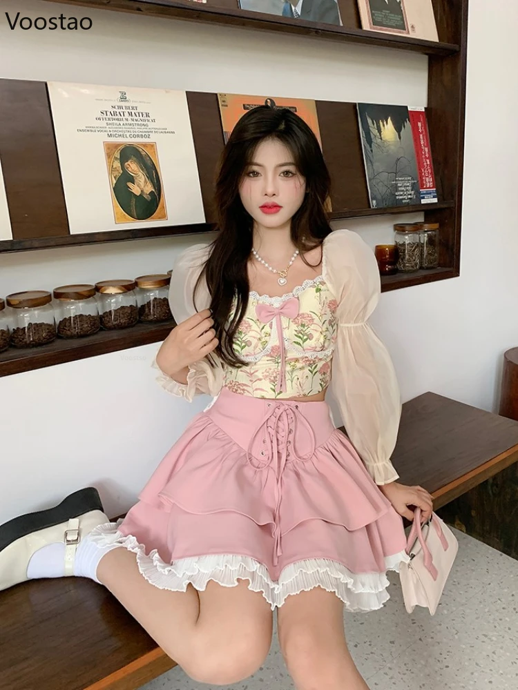 Kawaii Lolita Skirt Set Women Elegant Puff Sleeve Bow Floral Blouse Sweet Pink Ruffles Mini Skirt Suit Korean Style 2 Piece Sets