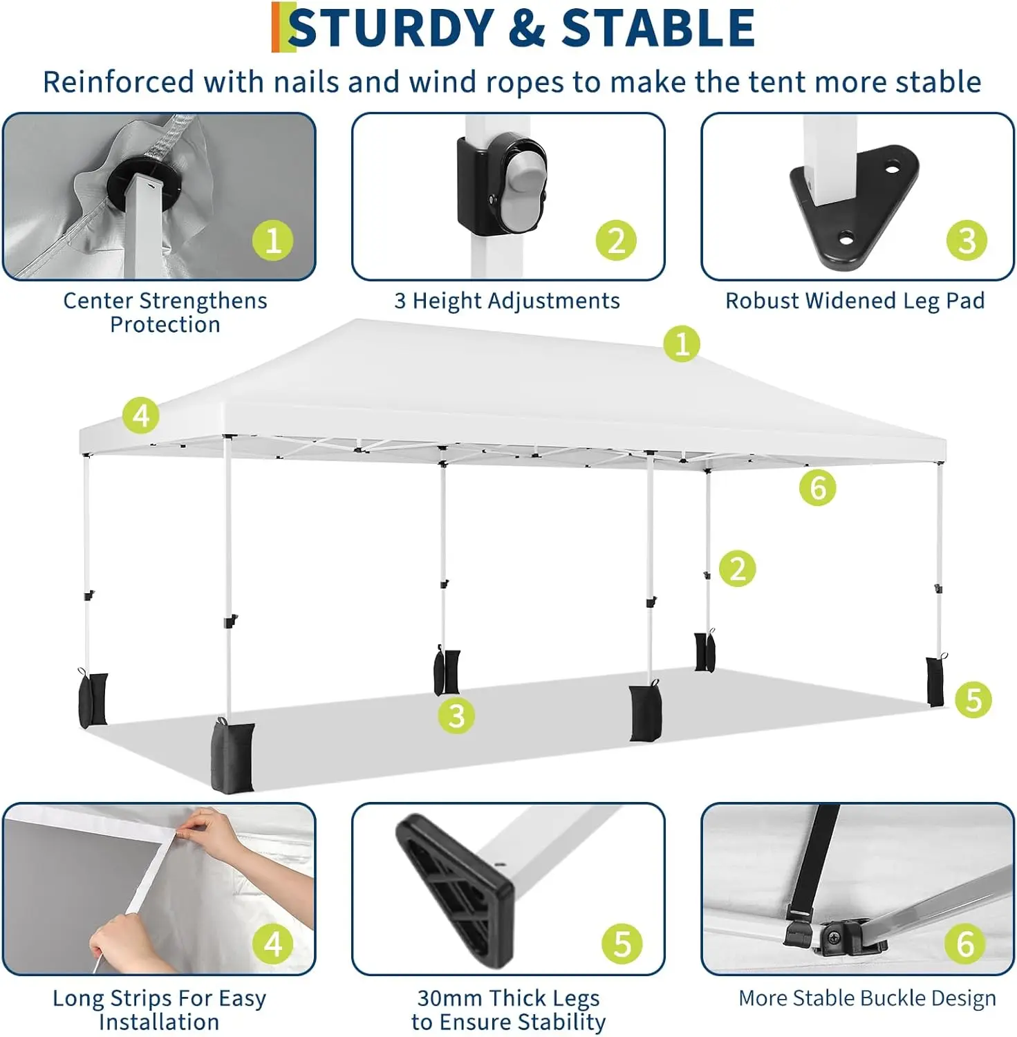 Tente à baldaquin pop-up 10x20, tentes à baldaquin commerciales robustes pour fêtes avec sac roulant, tentes 10x20 avec 6 parois latérales amovibles