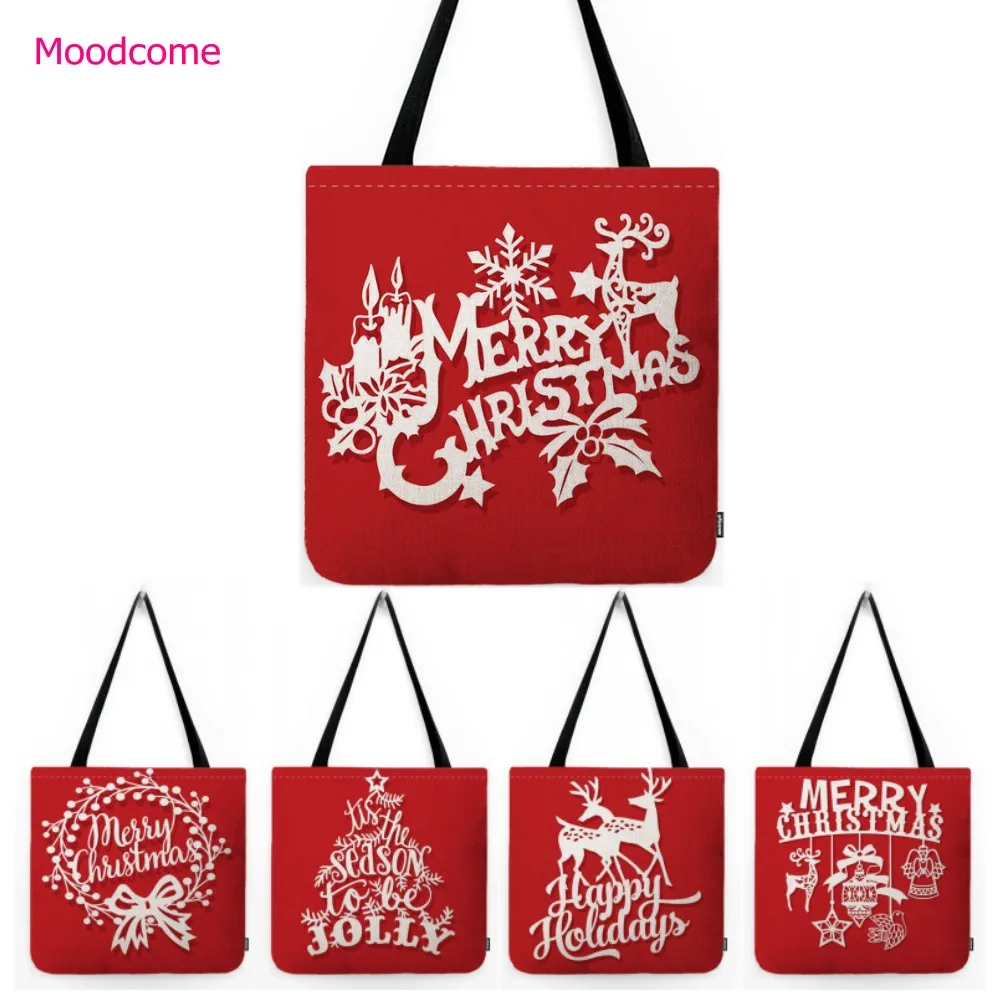 Red Joyful Merry Christmas Reindeer Snowman Flower Wreath Jingle Bell Water Resistant Linen Shoulder Bag Xmas Shopper Tote Bag