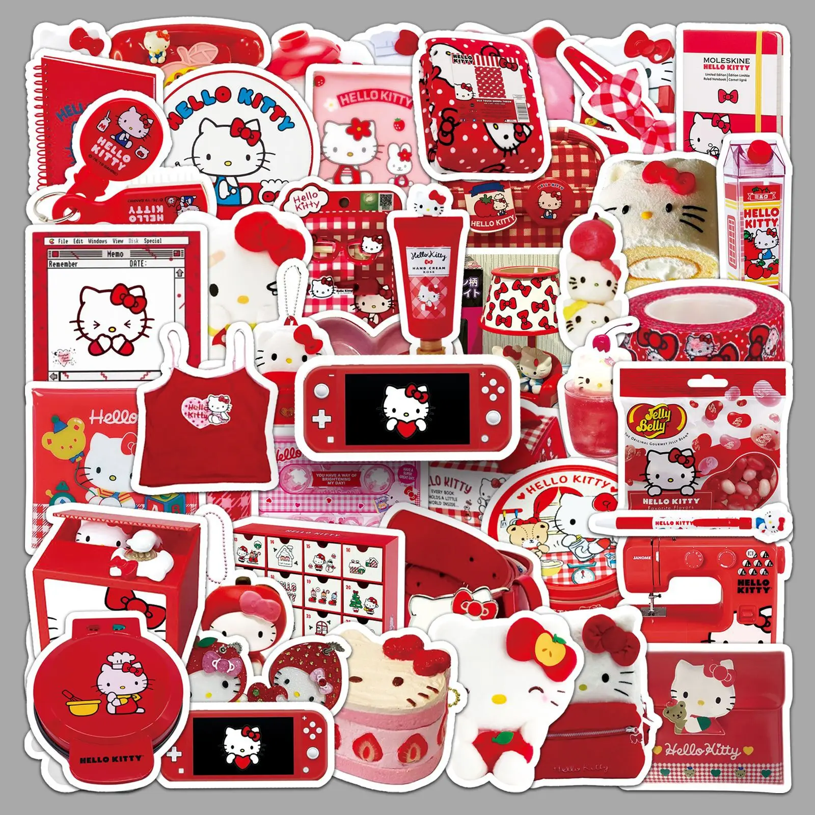 50PCS Red INS Stickers Hello Kitty Graffiti Cartoon DIY Decoration Girl Gifts Decals Fridge Luggage Laptop Guitar Car Bike Gifts