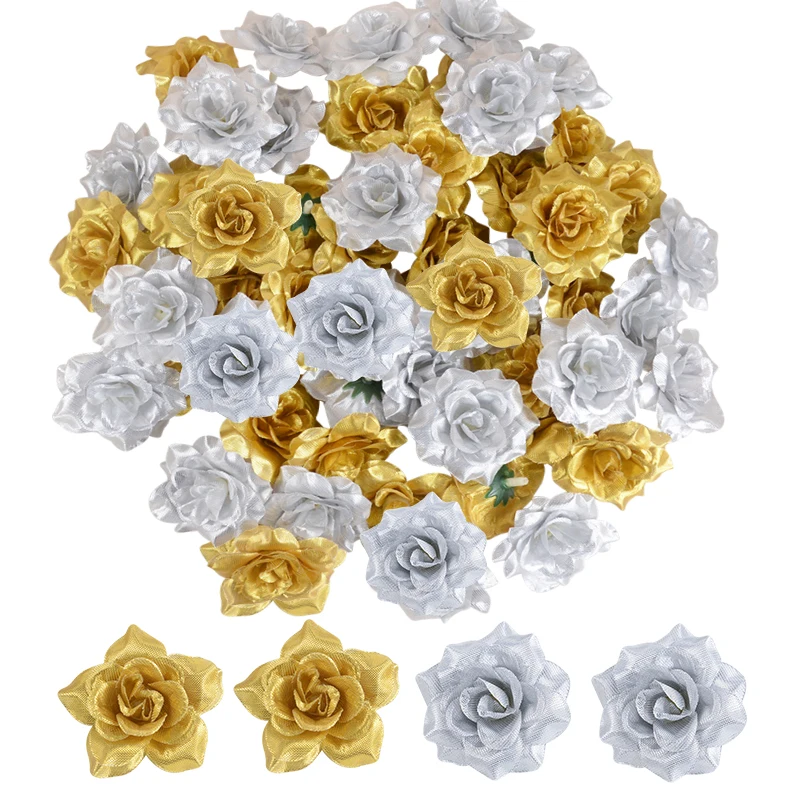 10/20/30pcs 6cm Artificial Rose Silk Flower Heads Gold Silver Rose Flower DIY Bouquet Wreath Craft Wedding Party Decoration Prop