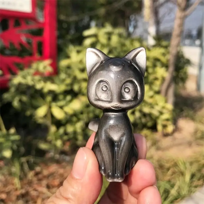 

Natural Silver Obsidian Cartoon Cat Carving Cute Animal Crystal Healing Energy Fengshui Home Decoration Gift 1PCS