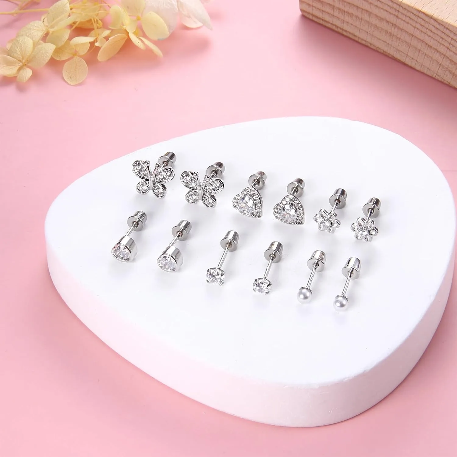 Bobisty Hypoallergenic Silver Needle Studs Earrings Set for Women Heart CZ Pearl Butterfly Screw Back Earrings for Sensitive Ear