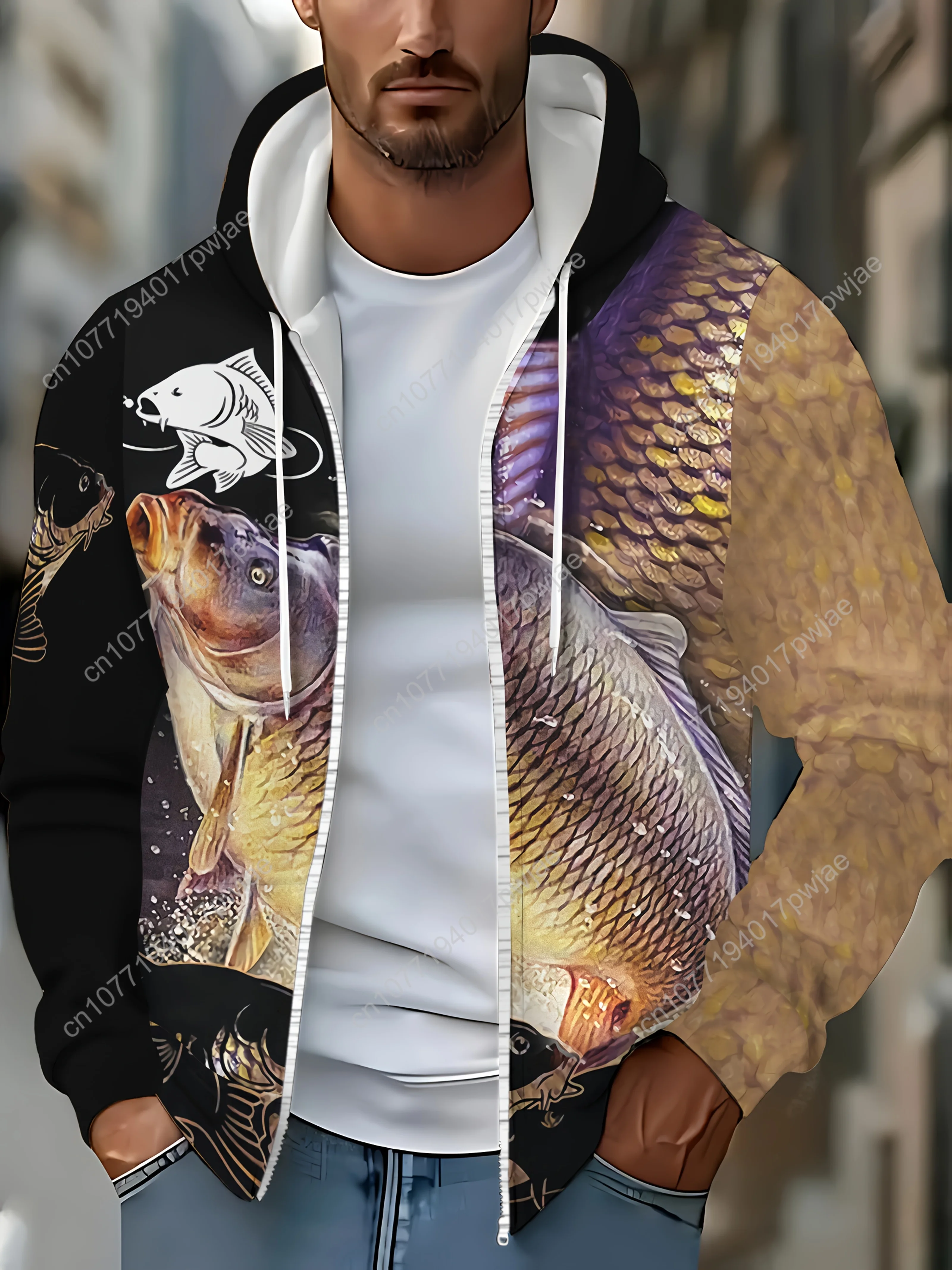 Giacca con cappuccio con zip e stampa termica da pesca da uomo / Cappotto caldo invernale a maniche lunghe con design a squame di pesce / Casual all'aperto durevole